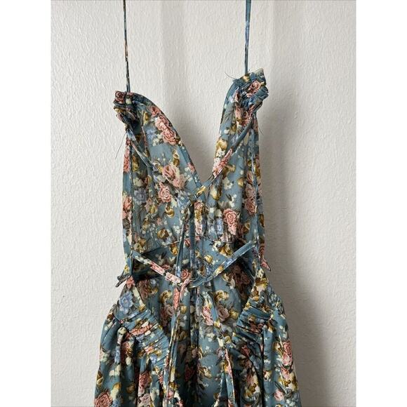 Blue pink floral strappy ruffle hem summer dress sexy open back party S - Picture 3 of 5